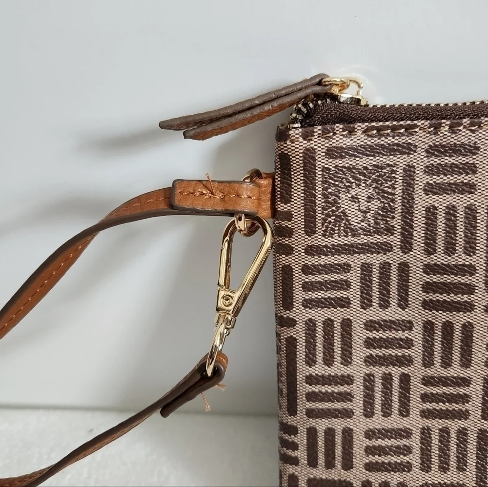 Anne Klein AK Brown Tan Tile Lion Logo Clutch Handbag Wristlet